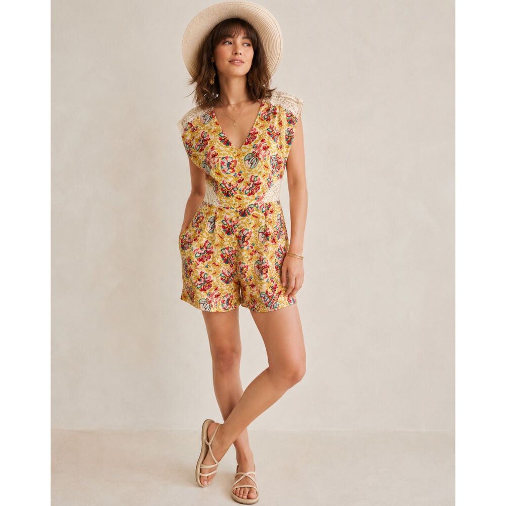 Ark & Co Tie-Back Romper with Lace Panels in Antique Gold Floral Print
